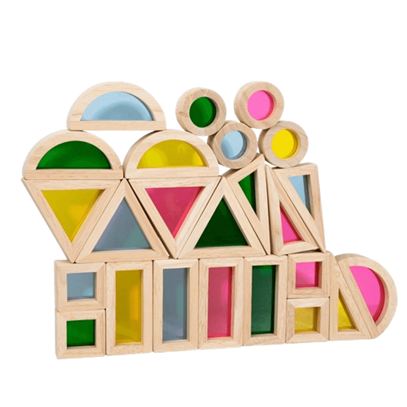 Jucarii, Copii si Bebe - Jucarii si jocuri - Seturi de constructie si cuburi - Cuburi si caramizi - Set 24 Blocuri Tridimensionale, placa acrilica si lemn , jucarie educationala, Kaleidoscope color, 3 ani+, Edujucarii - Infinity.ro