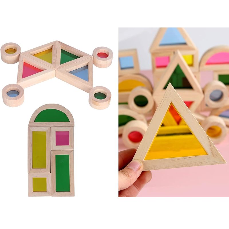 Jucarii, Copii si Bebe - Jucarii si jocuri - Seturi de constructie si cuburi - Cuburi si caramizi - Set 24 Blocuri Tridimensionale, placa acrilica si lemn , jucarie educationala, Kaleidoscope color, 3 ani+, Edujucarii - Infinity.ro