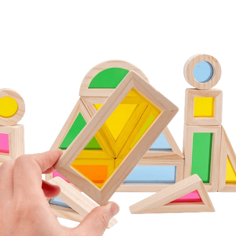 Jucarii, Copii si Bebe - Jucarii si jocuri - Seturi de constructie si cuburi - Cuburi si caramizi - Set 24 Blocuri Tridimensionale, placa acrilica si lemn , jucarie educationala, Kaleidoscope color, 3 ani+, Edujucarii - Infinity.ro