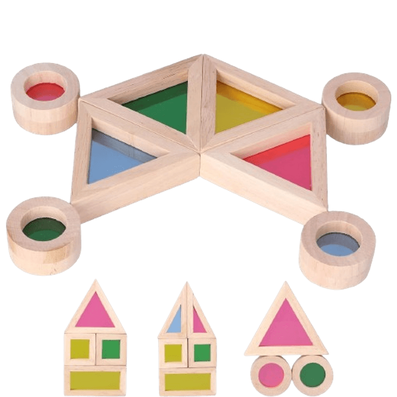 Jucarii, Copii si Bebe - Jucarii si jocuri - Seturi de constructie si cuburi - Cuburi si caramizi - Set 24 Blocuri Tridimensionale, placa acrilica si lemn , jucarie educationala, Kaleidoscope color, 3 ani+, Edujucarii - Infinity.ro