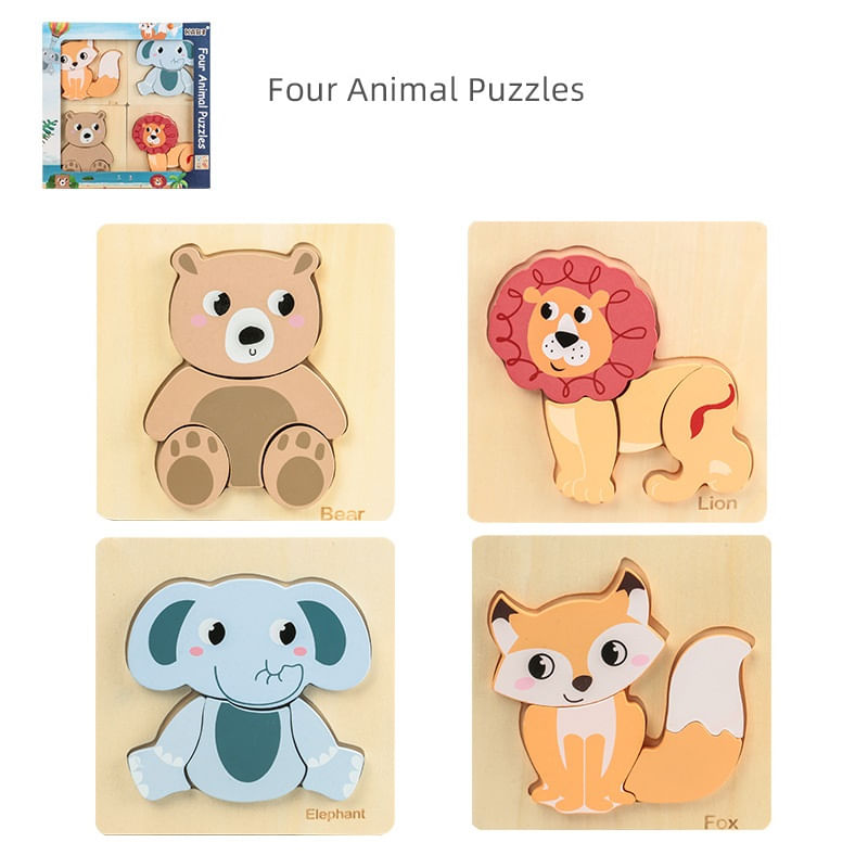 Jucarii, Copii si Bebe - Jucarii si jocuri - Jocuri si puzzle - Puzzle - Set 4 Puzzle 15 x 15 cm, Lemn, Animale salbatice, 16 piese, Montessori, 3 ani+ - Infinity.ro