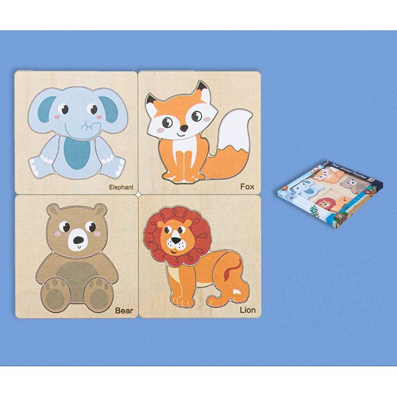 Jucarii, Copii si Bebe - Jucarii si jocuri - Jocuri si puzzle - Puzzle - Set 4 Puzzle 15 x 15 cm, Lemn, Animale salbatice, 16 piese, Montessori, 3 ani+ - Infinity.ro