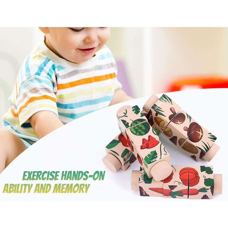 Jucarii, Copii si Bebe - Jucarii si jocuri - Jocuri si puzzle - Puzzle - Set 4 Puzzle Rotativ cu cate 3 cuburi, lemn, legume si fructe, Rotating Jigsaw, 12 luni+, EduJucarii - Infinity.ro