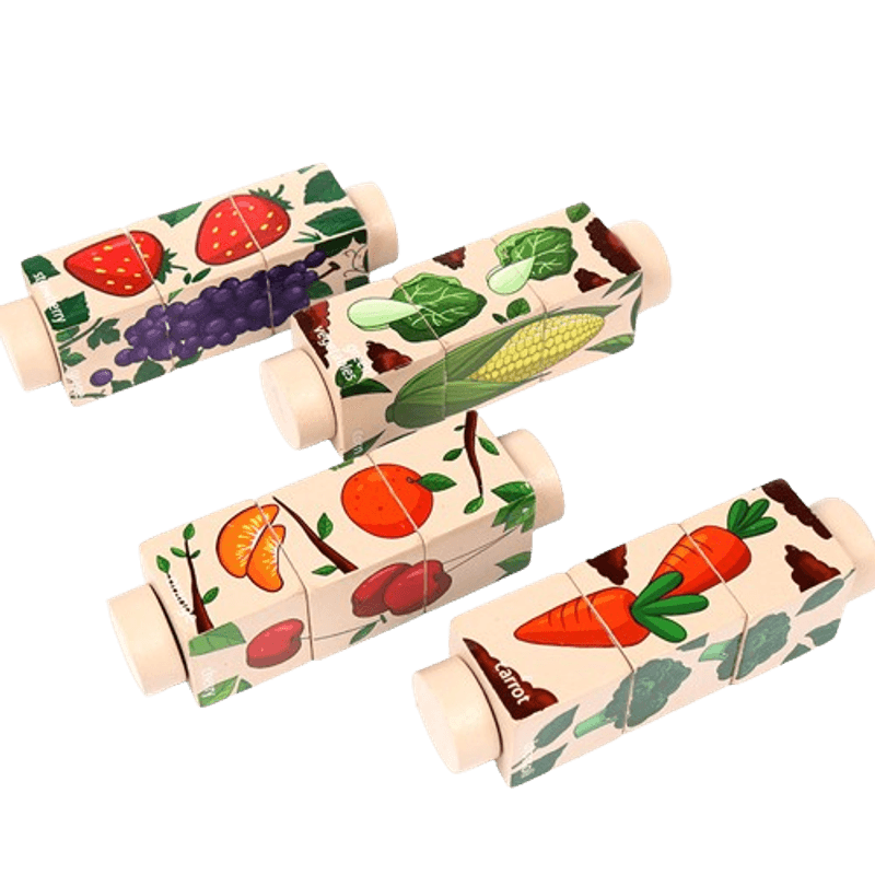 Jucarii, Copii si Bebe - Jucarii si jocuri - Jocuri si puzzle - Puzzle - Set 4 Puzzle Rotativ cu cate 3 cuburi, lemn, legume si fructe, Rotating Jigsaw, 12 luni+, EduJucarii - Infinity.ro