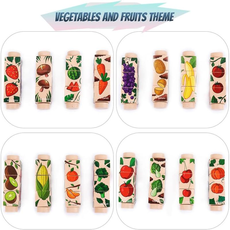 Jucarii, Copii si Bebe - Jucarii si jocuri - Jocuri si puzzle - Puzzle - Set 4 Puzzle Rotativ cu cate 3 cuburi, lemn, legume si fructe, Rotating Jigsaw, 12 luni+, EduJucarii - Infinity.ro