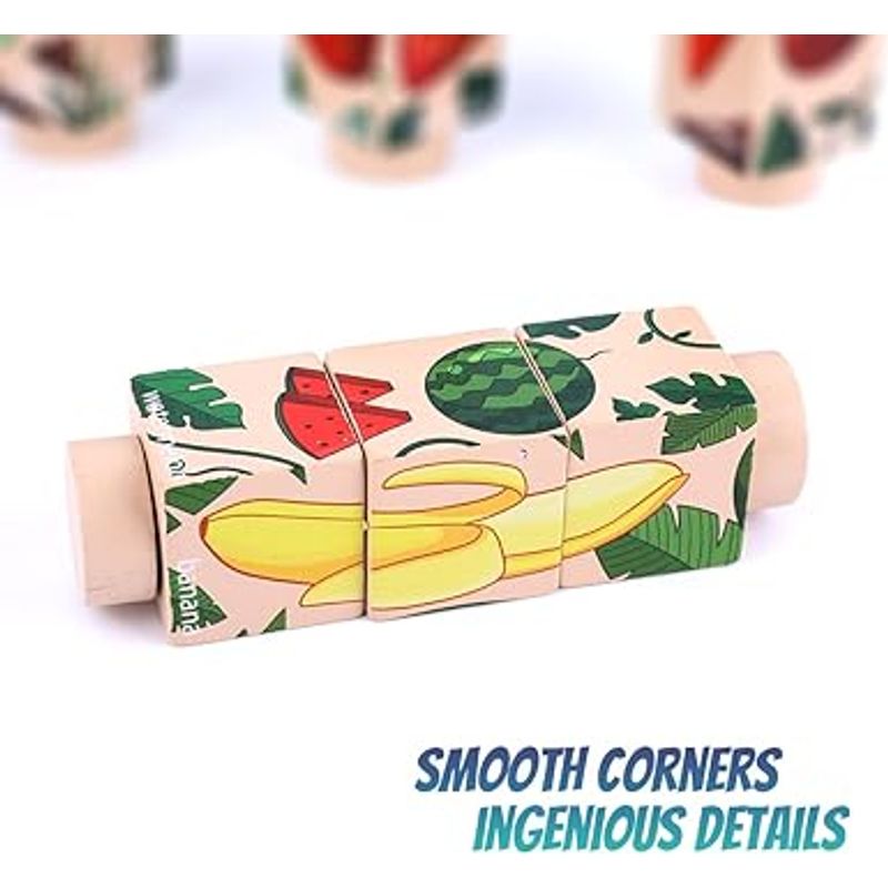 Jucarii, Copii si Bebe - Jucarii si jocuri - Jocuri si puzzle - Puzzle - Set 4 Puzzle Rotativ cu cate 3 cuburi, lemn, legume si fructe, Rotating Jigsaw, 12 luni+, EduJucarii - Infinity.ro