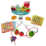Jucarii, Copii si Bebe - Jucarii si jocuri - Jucarii & jocuri educative - Jucarii interactive - Joc Montessori de echilibru, insiruire, carduri, 12 piese lemn, Balanced Stacking Beading, Fructe, 3 ani, EduJucarii - Infinity.ro