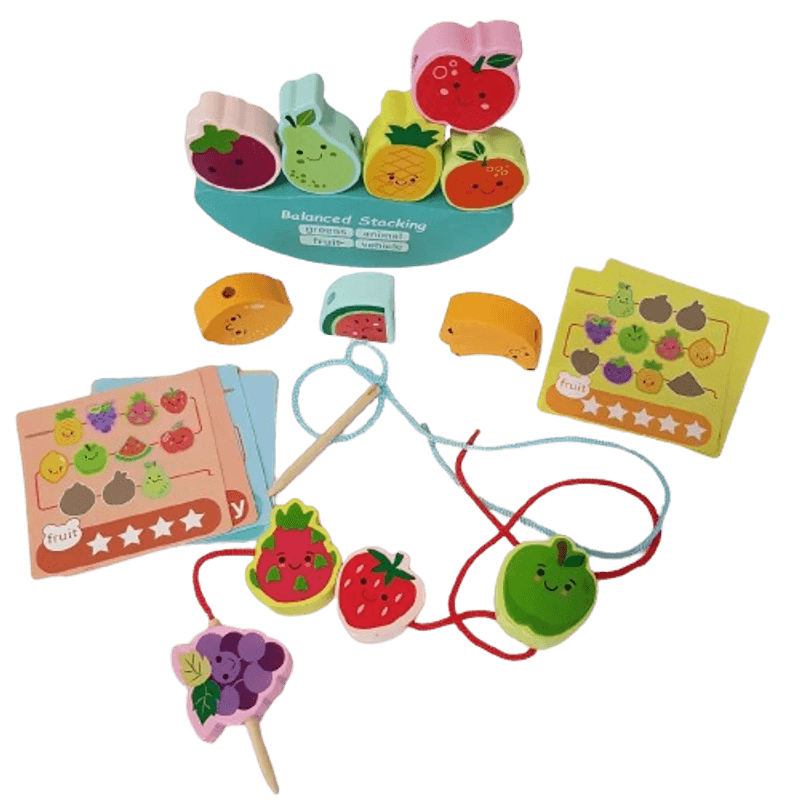 Jucarii, Copii si Bebe - Jucarii si jocuri - Jucarii & jocuri educative - Jucarii interactive - Joc Montessori de echilibru, insiruire, carduri, 12 piese lemn, Balanced Stacking Beading, Fructe, 3 ani, EduJucarii - Infinity.ro