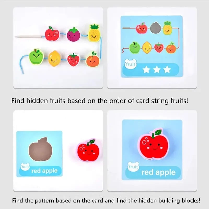 Jucarii, Copii si Bebe - Jucarii si jocuri - Jucarii & jocuri educative - Jucarii interactive - Joc Montessori de echilibru, insiruire, carduri, 12 piese lemn, Balanced Stacking Beading, Fructe, 3 ani, EduJucarii - Infinity.ro