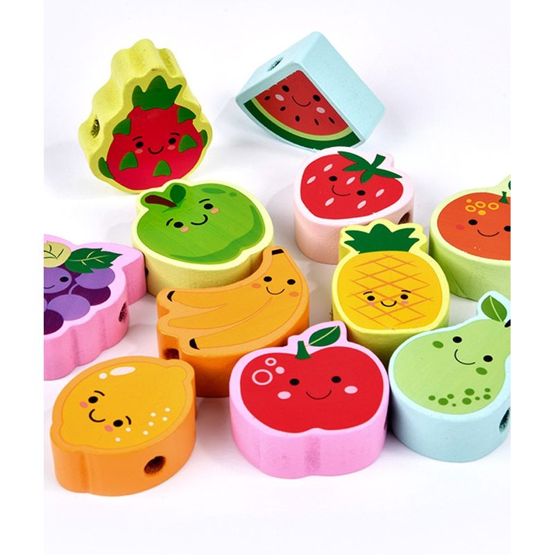 Jucarii, Copii si Bebe - Jucarii si jocuri - Jucarii & jocuri educative - Jucarii interactive - Joc Montessori de echilibru, insiruire, carduri, 12 piese lemn, Balanced Stacking Beading, Fructe, 3 ani, EduJucarii - Infinity.ro