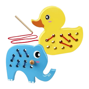 Set de 2 Jucarii de indemanare cu sireturi pentru copii, Ratusca, Elefant, Montessori, 3 ani+, EduJucarii