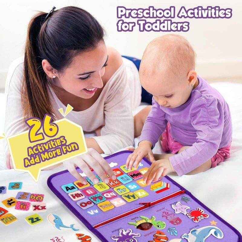 Jucarii, Copii si Bebe - Jucarii si jocuri - Jucarii & jocuri educative - Jucarii interactive - Carte Montessori din fetru cu activitati, 8 pagini  litere, cifre, vietati marine, 28.5 x 22.8 x 5.5 cm, EduJucarii - Infinity.ro