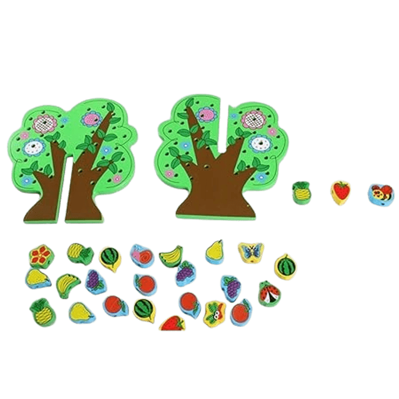 Jucarii, Copii si Bebe - Jucarii si jocuri - Jucarii & jocuri educative - Jucarii interactive - Joc 2 in 1 de snuruit si insirat margele lemn, copac cu fructe, Montessori, 3 ani + - Infinity.ro