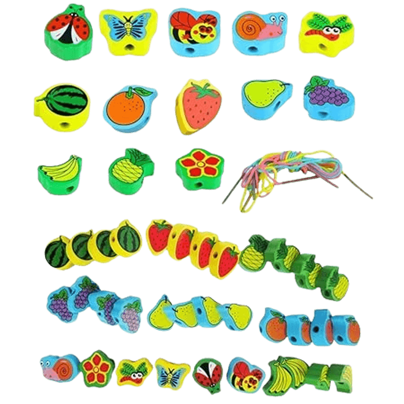Jucarii, Copii si Bebe - Jucarii si jocuri - Jucarii & jocuri educative - Jucarii interactive - Joc 2 in 1 de snuruit si insirat margele lemn, copac cu fructe, Montessori, 3 ani + - Infinity.ro