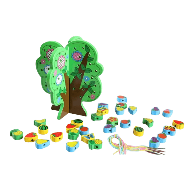 Jucarii, Copii si Bebe - Jucarii si jocuri - Jucarii & jocuri educative - Jucarii interactive - Joc 2 in 1 de snuruit si insirat margele lemn, copac cu fructe, Montessori, 3 ani + - Infinity.ro