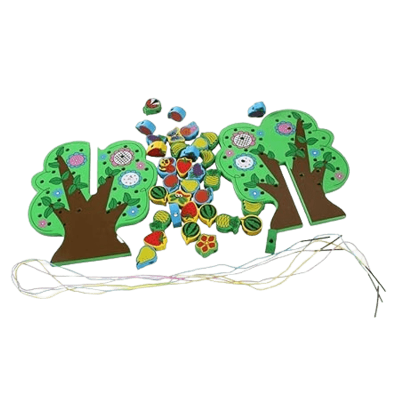 Jucarii, Copii si Bebe - Jucarii si jocuri - Jucarii & jocuri educative - Jucarii interactive - Joc 2 in 1 de snuruit si insirat margele lemn, copac cu fructe, Montessori, 3 ani + - Infinity.ro