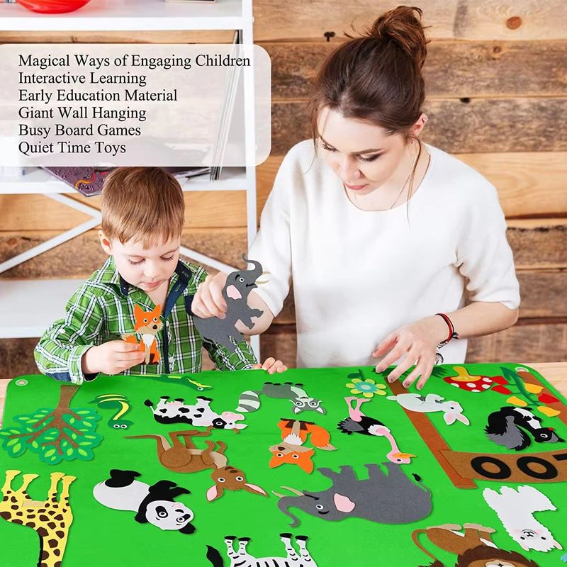 Jucarii, Copii si Bebe - Jucarii si jocuri - Jucarii & jocuri educative - Jucarii interactive - Plansa educativa si interactiva Montessori, fetru, agatatoare, 32 elemente, Animale ZOO, 105 x 75 cm, 3 ani+, EduJucarii - Infinity.ro