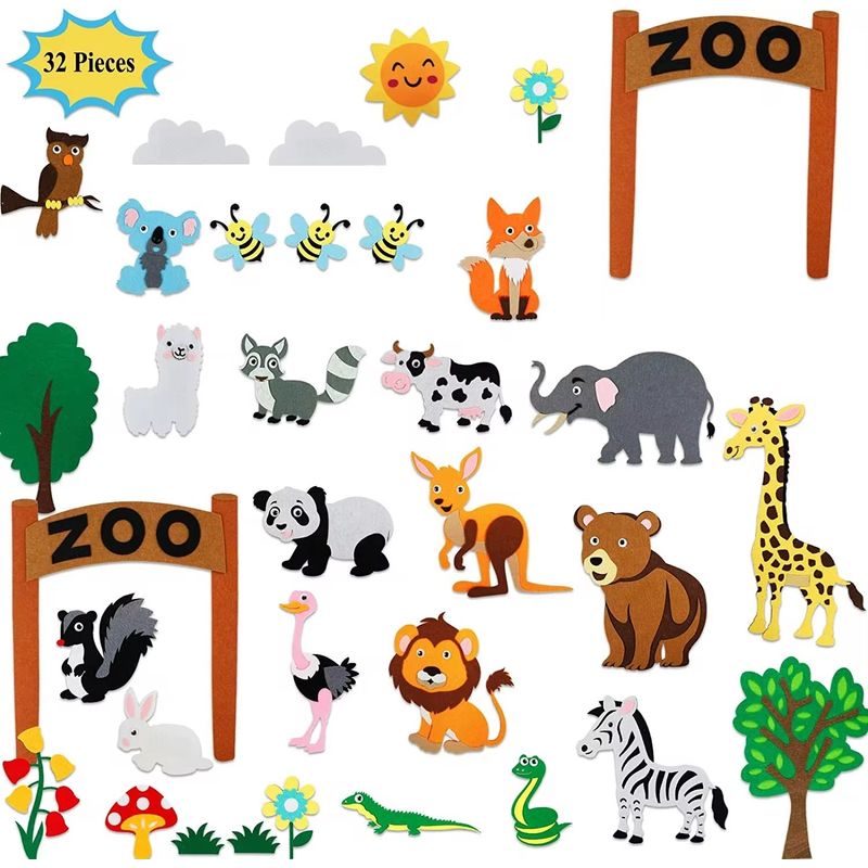 Jucarii, Copii si Bebe - Jucarii si jocuri - Jucarii & jocuri educative - Jucarii interactive - Plansa educativa si interactiva Montessori, fetru, agatatoare, 32 elemente, Animale ZOO, 105 x 75 cm, 3 ani+, EduJucarii - Infinity.ro
