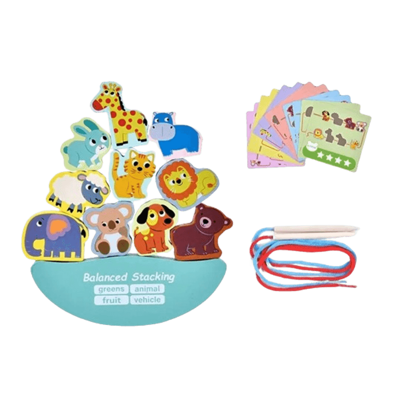 Jucarii, Copii si Bebe - Jucarii si jocuri - Jucarii & jocuri educative - Jucarii interactive - Joc Montessori, echilibru, insiruire, carduri, 12 piese lemn, Balanced Stacking Beading, Animale, 3 ani, EduJucarii - Infinity.ro