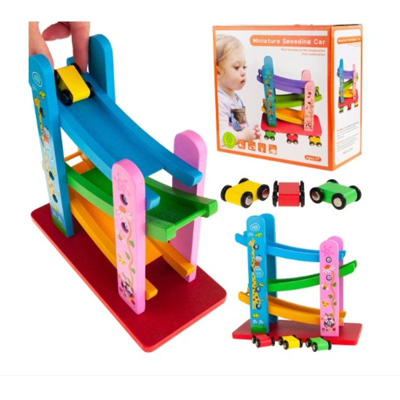 Jucarii, Copii si Bebe - Jucarii si jocuri - Jucarii & jocuri educative - Jucarii interactive - Pista de masinute, lemn, 3 niveluri, 3 masinute, 3 ani+, EduJucarii - Infinity.ro