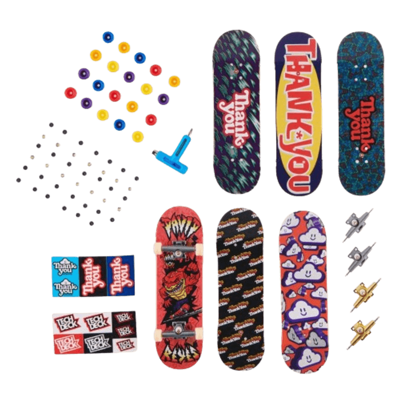Jucarii, Copii si Bebe - Jucarii si jocuri - Jucarii & jocuri educative - Jucarii interactive - Set 6 mini placi skateboard, Tech Deck, Sk8Shop Bonus Pack, Thank you,  6 ani+ - Infinity.ro