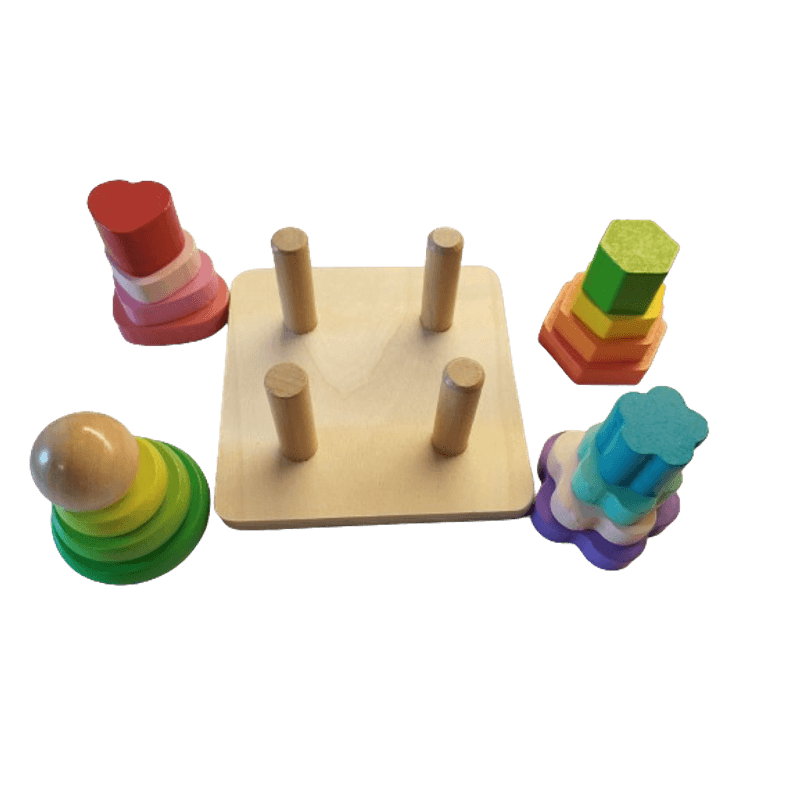 Jucarii, Copii si Bebe - Jucarii si jocuri - Jucarii & jocuri educative - Jocuri si jucarii educative - Set 4 coloane sortatoare tip turn, Montessori, lemn, 17 piese, Montessori, 3 ani+, EduJucarii - Infinity.ro
