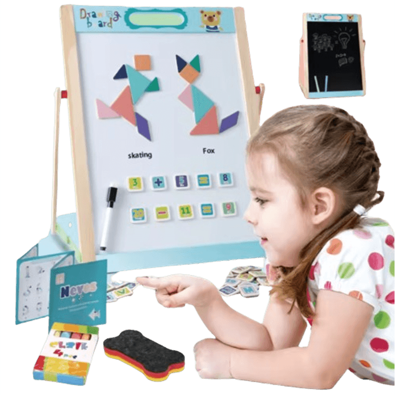 Jucarii, Copii si Bebe - Jucarii si jocuri - Jucarii & jocuri educative - Jocuri si jucarii educative - Tabla magnetica  cu doua fete, litere, cifre  si forme geometrice magnetice, marker si creta, 50 x 38 cm, 3 ani+ - Infinity.ro