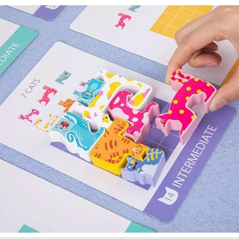 Jucarii, Copii si Bebe - Jucarii si jocuri - Jucarii & jocuri educative - Jocuri si jucarii educative - Joc Educativ 3D,  Montessori, Lemn, Tetris Cu Pisici, 4 ani+ - Infinity.ro