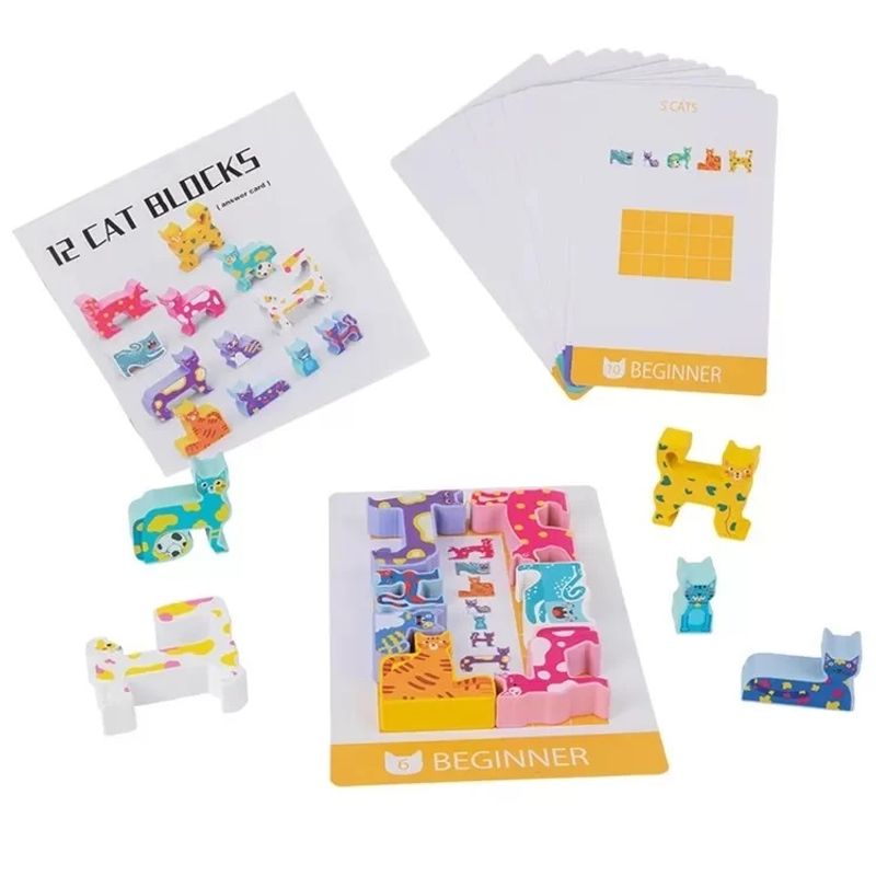 Jucarii, Copii si Bebe - Jucarii si jocuri - Jucarii & jocuri educative - Jocuri si jucarii educative - Joc Educativ 3D,  Montessori, Lemn, Tetris Cu Pisici, 4 ani+ - Infinity.ro