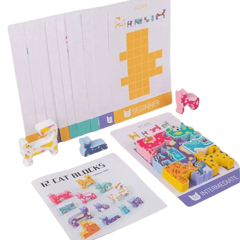 Jucarii, Copii si Bebe - Jucarii si jocuri - Jucarii & jocuri educative - Jocuri si jucarii educative - Joc Educativ 3D,  Montessori, Lemn, Tetris Cu Pisici, 4 ani+ - Infinity.ro