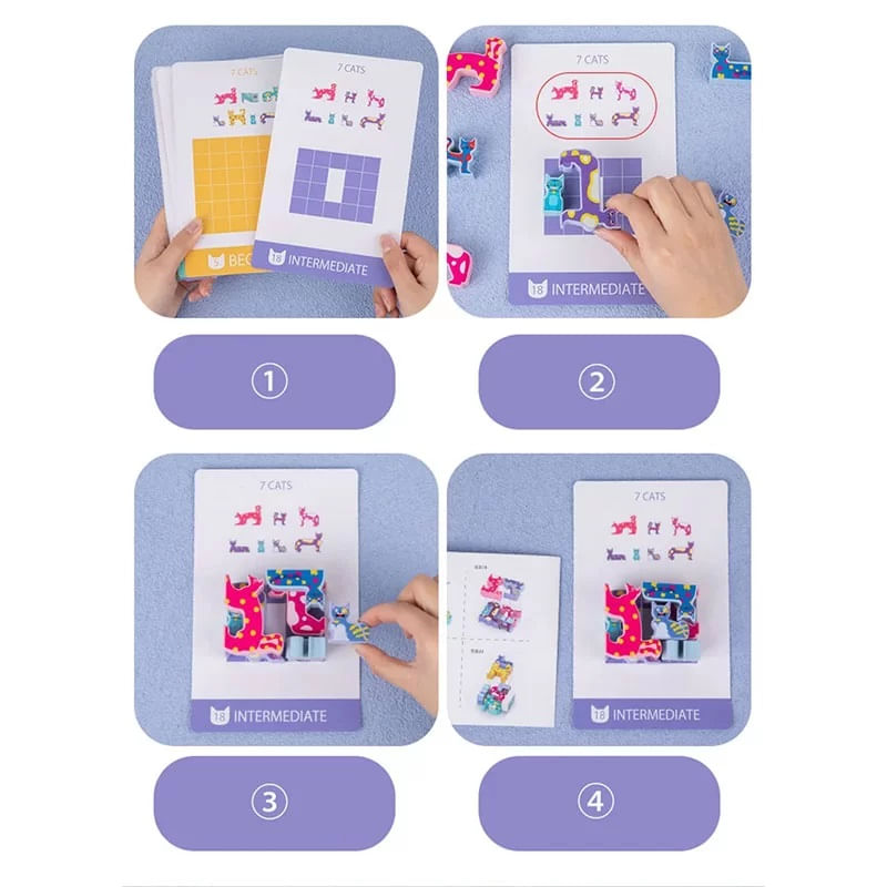 Jucarii, Copii si Bebe - Jucarii si jocuri - Jucarii & jocuri educative - Jocuri si jucarii educative - Joc Educativ 3D,  Montessori, Lemn, Tetris Cu Pisici, 4 ani+ - Infinity.ro