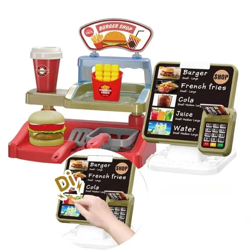 Jucarii, Copii si Bebe - Jucarii si jocuri - Jucarii de rol - Bucatarii copii - Set de jucarie, Burger Shop, cu casa de marcat, card, multe accesorii, sunete, 52 x 14 x 23 cm, multicolor - Infinity.ro