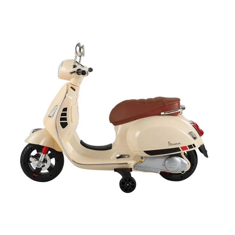 Jucarii, Copii si Bebe - Jucarii si jocuri - Jucarii de exterior - Masinute si vehicule pentru copii - Motocicleta electrica Vespa, 6V, 3-6 ani, 30 kg, Piele si Faruri Led, bej - Infinity.ro