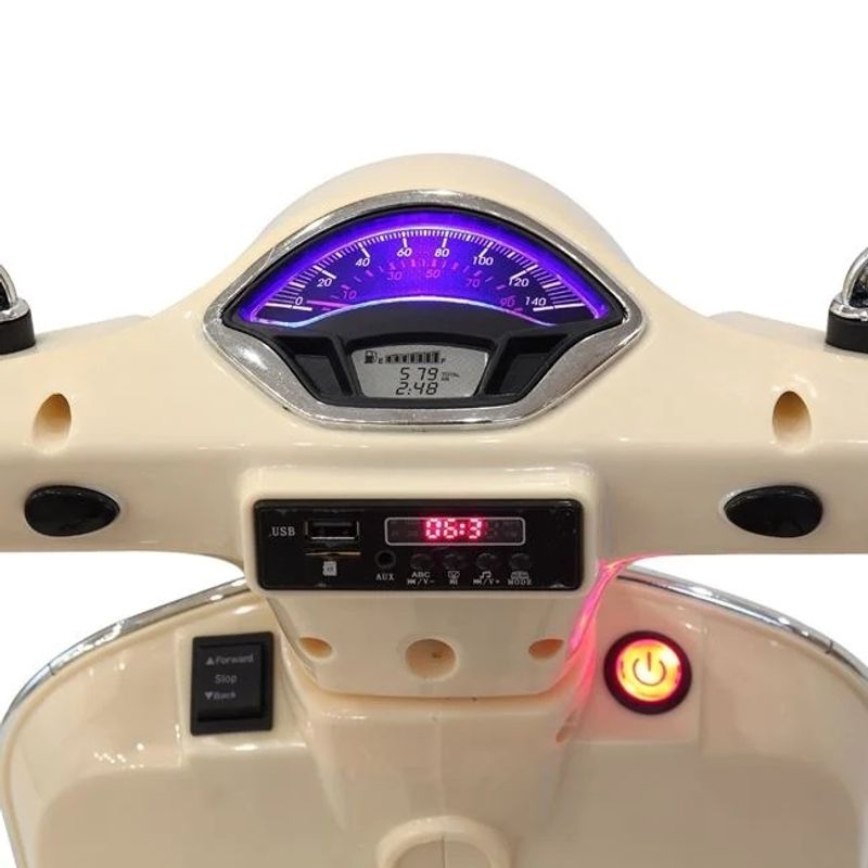 Jucarii, Copii si Bebe - Jucarii si jocuri - Jucarii de exterior - Masinute si vehicule pentru copii - Motocicleta electrica Vespa, 6V, 3-6 ani, 30 kg, Piele si Faruri Led, bej - Infinity.ro
