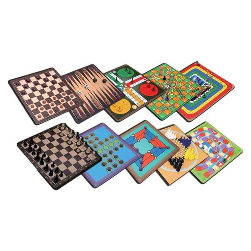 Jucarii, Copii si Bebe - Jucarii si jocuri - Jocuri si puzzle - Jocuri de societate - Joc de societate „100 de Jocuri Clasice”, contine 5 table de joc cu 2 fete, pioni si zaruri, 28x7x28cm, multicolor - Infinity.ro