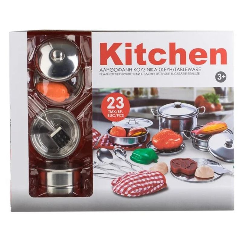 Jucarii, Copii si Bebe - Jucarii si jocuri - Jucarii de rol - Bucatarii copii - Set de joaca cu ustensile de bucatarie, 23 piese, din plastic, dimensiune 43x10x35cm, multicolor - Infinity.ro