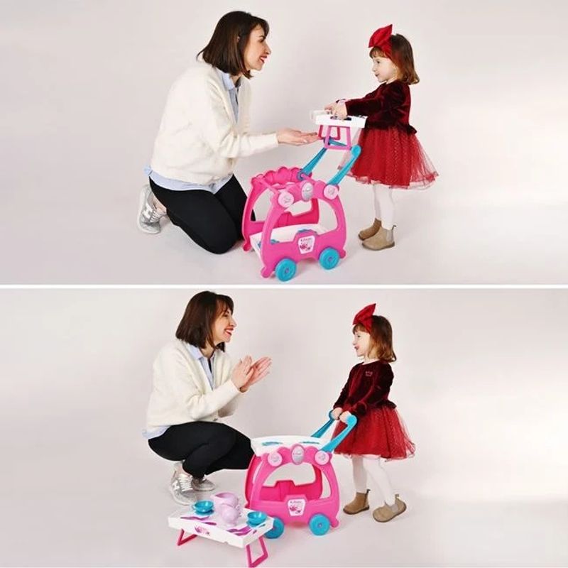 Jucarii, Copii si Bebe - Jucarii si jocuri - Jucarii de rol - Bucatarii copii - Set de joaca cu masa de servit cafea si accesorii, din plastic, dimensiuni 57x12x37.5cm, multicolor - Infinity.ro