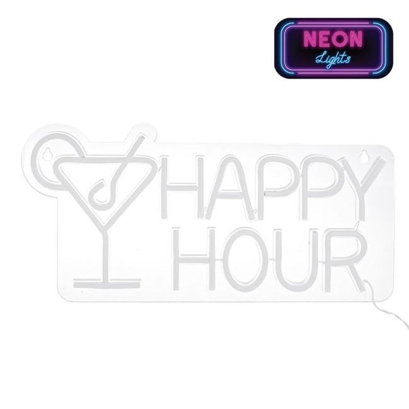Casa si Gradina - Corpuri si surse de iluminat - Veioze si lampi - Veioze - Lampa LED neon colorat, model cu scris "Happy Hour" Cocktail, cu cablu de 1.8M inclus, 43x21 cm, transparent - Infinity.ro