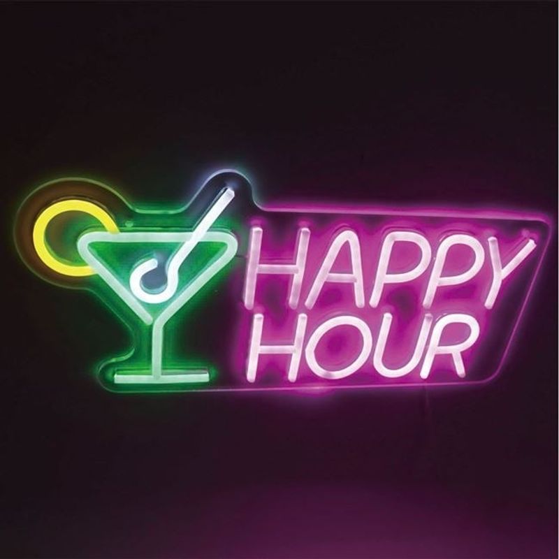 Casa si Gradina - Corpuri si surse de iluminat - Veioze si lampi - Veioze - Lampa LED neon colorat, model cu scris "Happy Hour" Cocktail, cu cablu de 1.8M inclus, 43x21 cm, transparent - Infinity.ro