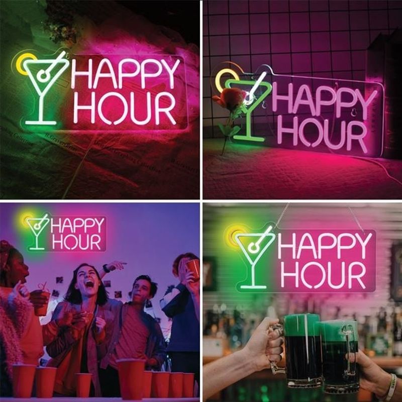 Casa si Gradina - Corpuri si surse de iluminat - Veioze si lampi - Veioze - Lampa LED neon colorat, model cu scris "Happy Hour" Cocktail, cu cablu de 1.8M inclus, 43x21 cm, transparent - Infinity.ro