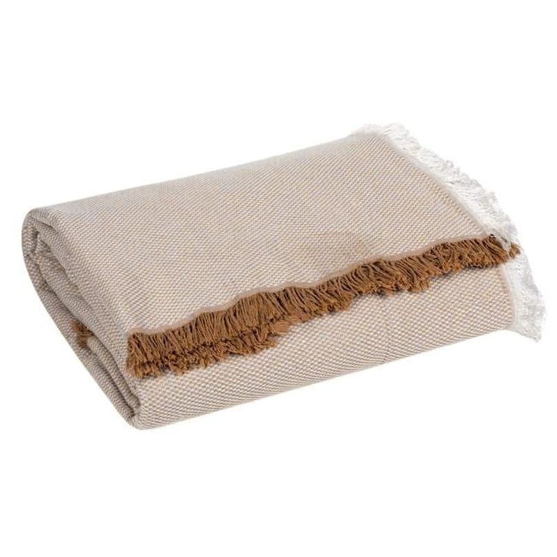 Casa si Gradina - Textile si covoare - Pături și cuverturi - Cuverturi - Cuvertura decorativa pentru canapea cu doua locuri, cu franjuri albe si maro, 230x180 cm, bej - Infinity.ro