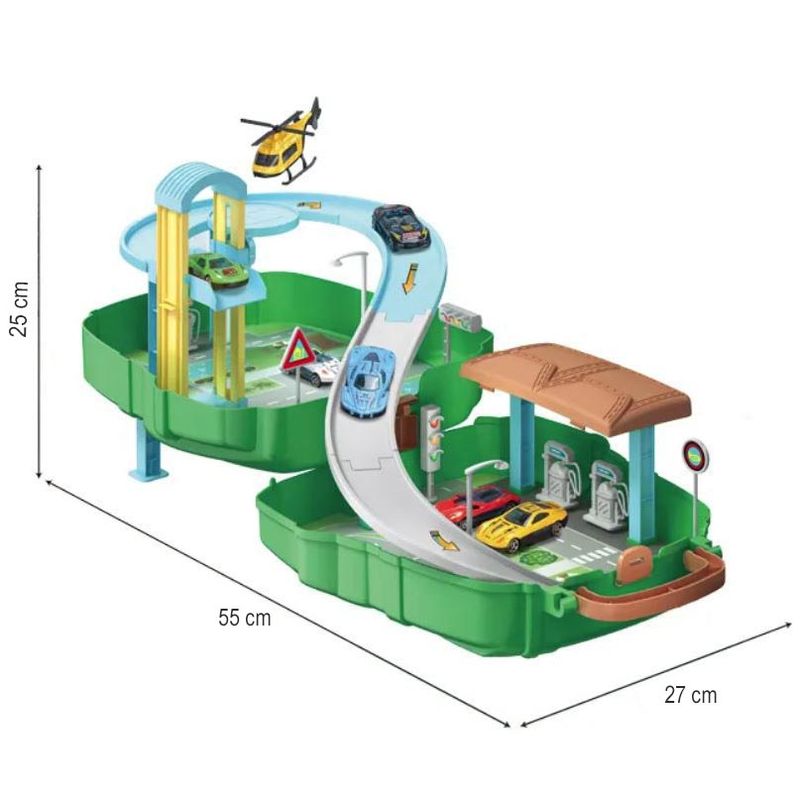 Jucarii, Copii si Bebe - Jucarii si jocuri - Vehicule si jucarii cu telecomanda - Masinute - Set 2 in 1, rucsac si pista cu 3 masinute metalice si elicopter, 37 piese - Infinity.ro