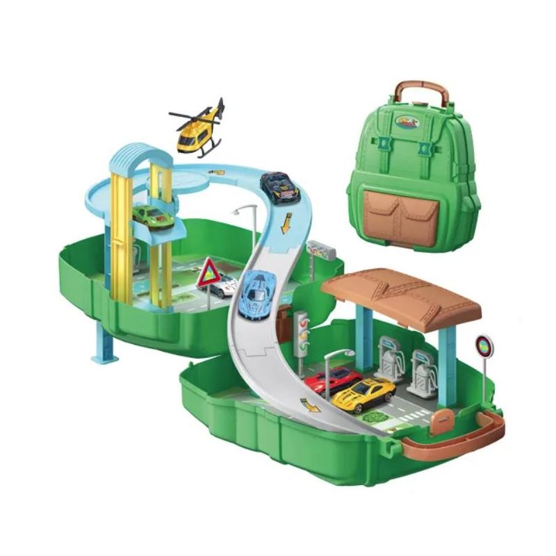 Jucarii, Copii si Bebe - Jucarii si jocuri - Vehicule si jucarii cu telecomanda - Masinute - Set 2 in 1, rucsac si pista cu 3 masinute metalice si elicopter, 37 piese - Infinity.ro