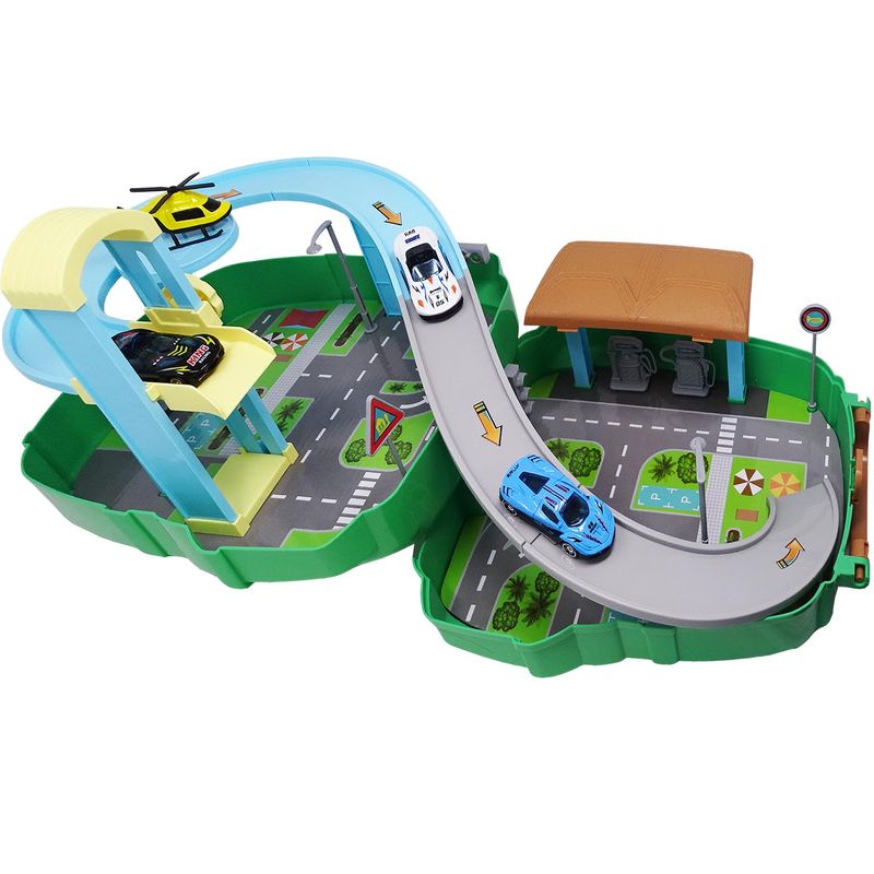 Jucarii, Copii si Bebe - Jucarii si jocuri - Vehicule si jucarii cu telecomanda - Masinute - Set 2 in 1, rucsac si pista cu 3 masinute metalice si elicopter, 37 piese - Infinity.ro