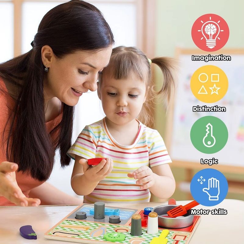 Jucarii, Copii si Bebe - Jucarii si jocuri - Jucarii & jocuri educative - Jucarii interactive - Joc de rol, bucatarie cu 15 accesorii de gatit din lemn, pentru copii 3 ani+, 22.4x30 cm, multicolor - Infinity.ro