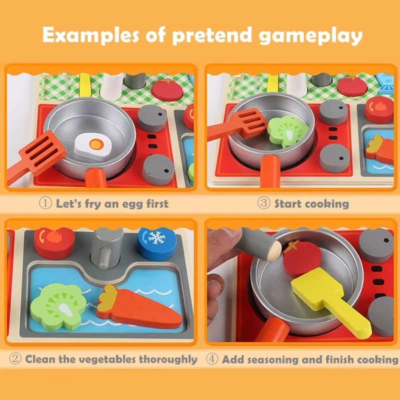 Jucarii, Copii si Bebe - Jucarii si jocuri - Jucarii & jocuri educative - Jucarii interactive - Joc de rol, bucatarie cu 15 accesorii de gatit din lemn, pentru copii 3 ani+, 22.4x30 cm, multicolor - Infinity.ro