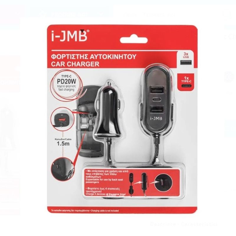 Casa si Gradina - Electrice - Accesorii electrice - Baterii, acumulatori si incarcatoare - Incarcator auto smart charge cu 3 Porturi USB + 1 TYPE C i-JMB, 1.5 m, negru - Infinity.ro