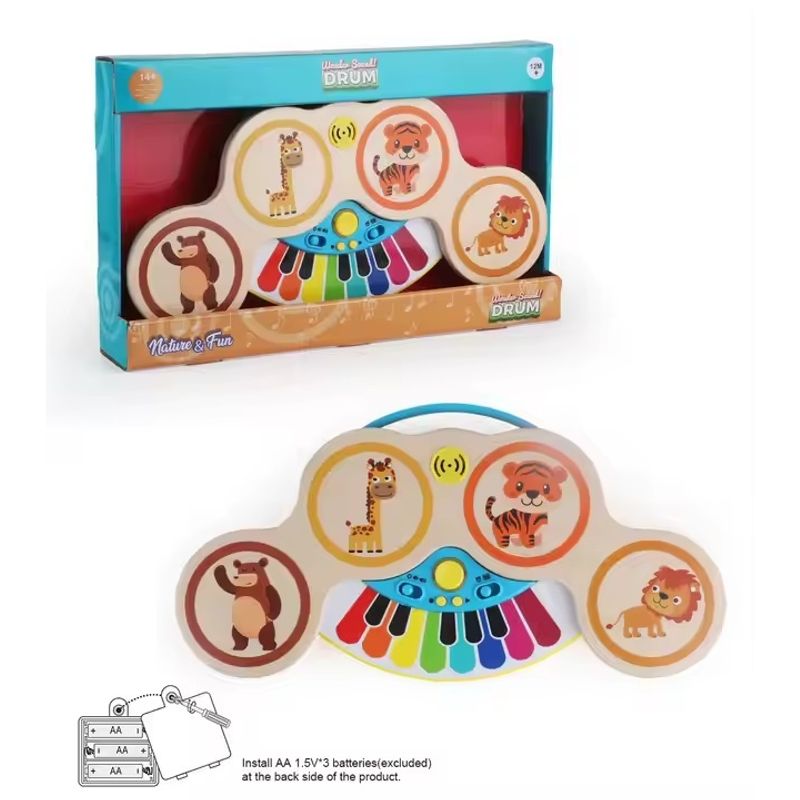 Jucarii, Copii si Bebe - Jucarii si jocuri - Jucarii de rol - Instrumente muzicale de jucarie - Pian si tobe din lemn, pentru copii 1 an+, 2 in 1, Magic Touch, cu sunete si lumini, 22.5 x 13 x 2.5 cm, multicolora - Infinity.ro