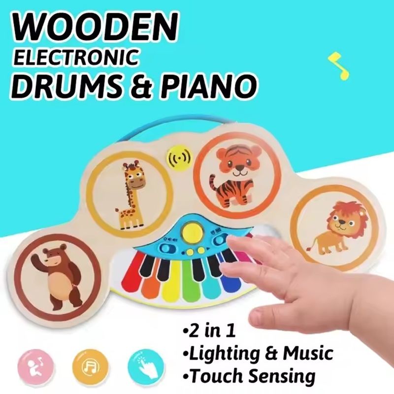 Jucarii, Copii si Bebe - Jucarii si jocuri - Jucarii de rol - Instrumente muzicale de jucarie - Pian si tobe din lemn, pentru copii 1 an+, 2 in 1, Magic Touch, cu sunete si lumini, 22.5 x 13 x 2.5 cm, multicolora - Infinity.ro