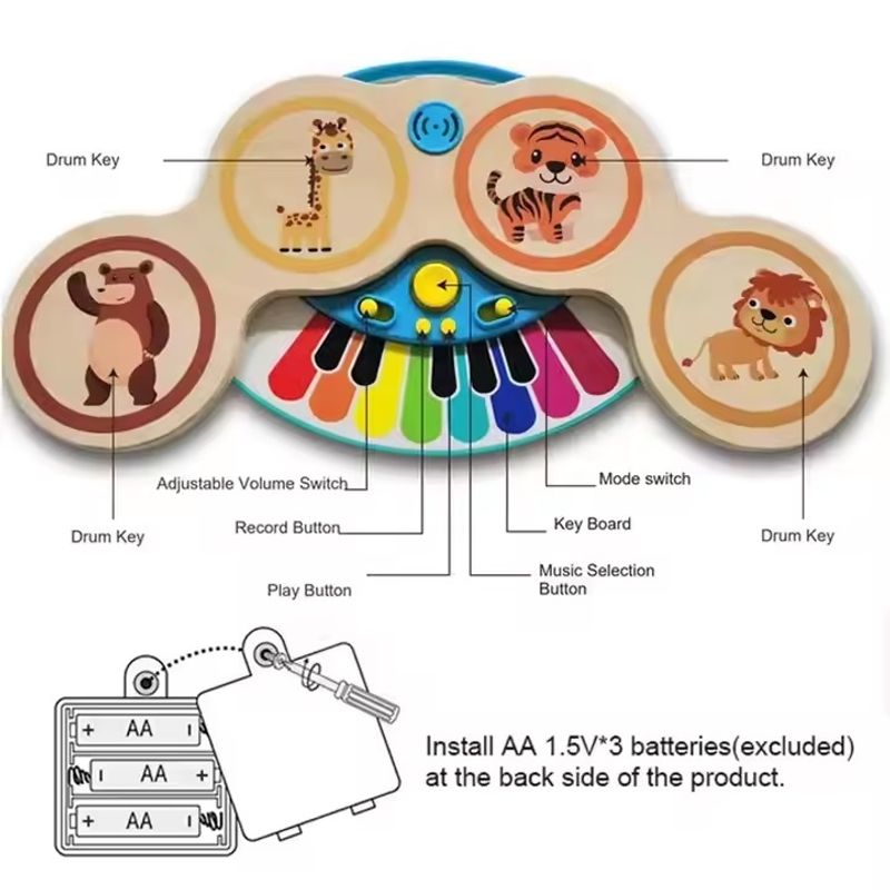 Jucarii, Copii si Bebe - Jucarii si jocuri - Jucarii de rol - Instrumente muzicale de jucarie - Pian si tobe din lemn, pentru copii 1 an+, 2 in 1, Magic Touch, cu sunete si lumini, 22.5 x 13 x 2.5 cm, multicolora - Infinity.ro